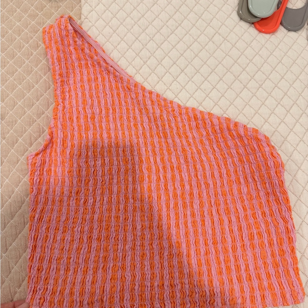 a new day Pink and Orange One-Shoulder Crochet Tank